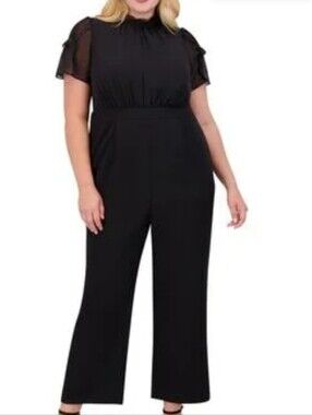 Vince Camuto Black High-Neck Wide-Leg Jumpsuit with Sheer Sleeve